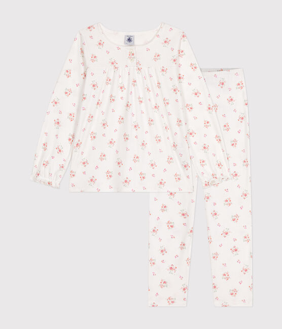 Pijama de algodón infantil con estampado de flores blanco MARSHMALLOW/blanco MULTICO
