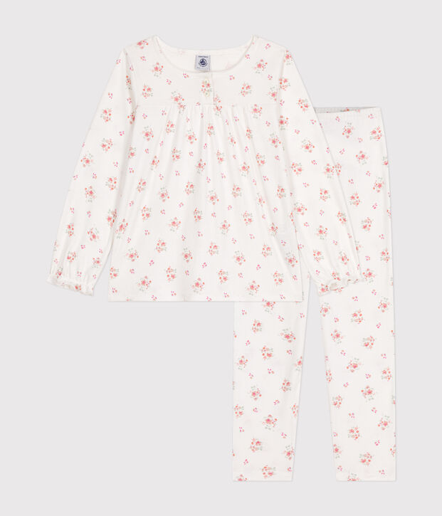 Pijama de algod&oacute;n infantil con estampado de flores blanco/multicolor