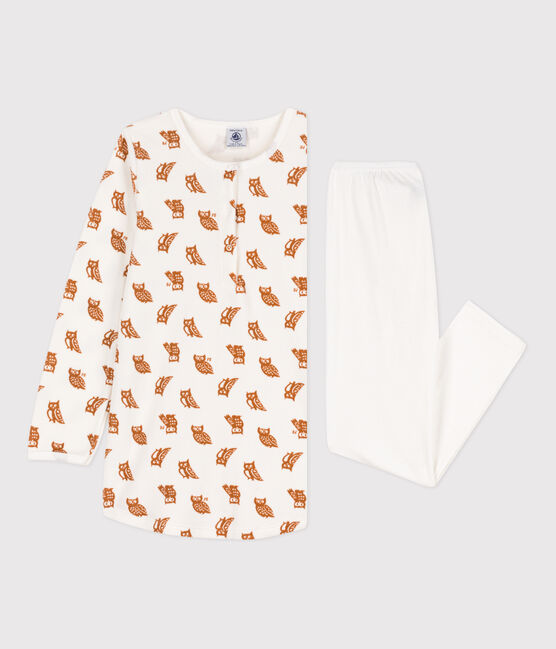 Camisón y leggings de terciopelo y algodón con búhos para niña blanco MARSHMALLOW/ ECUREUIL