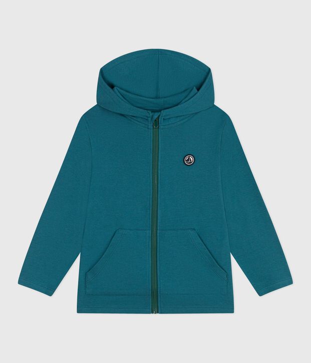 Sudadera infantil de algod&oacute;n liso con capucha y cremallera verde