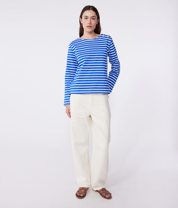 Marinera de algod&oacute;n de manga larga para mujer azul/blanco