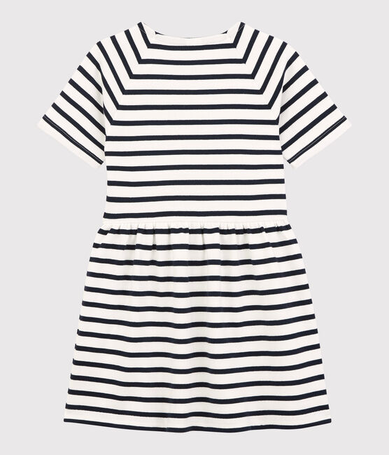 Vestido de manga corta de algodón de niña blanco MARSHMALLOW/azul SMOKING