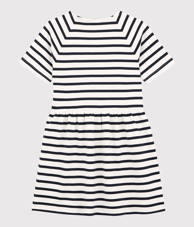 Vestido de manga corta de algod&oacute;n de ni&ntilde;a blanco/azul