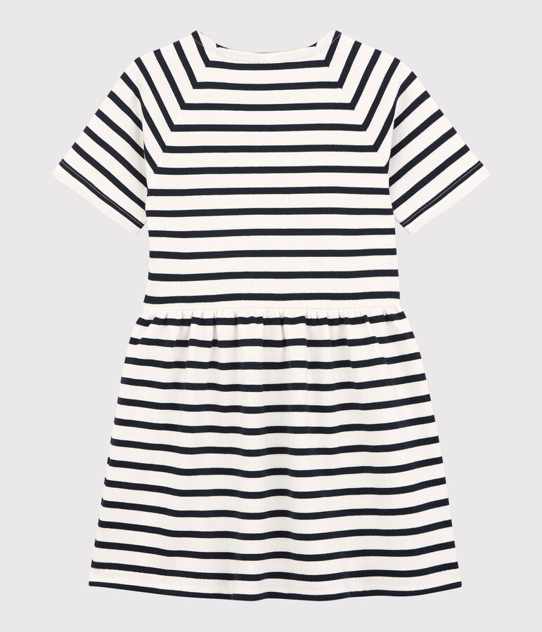 Vestido de manga corta de algod&oacute;n de ni&ntilde;a blanco MARSHMALLOW/azul SMOKING