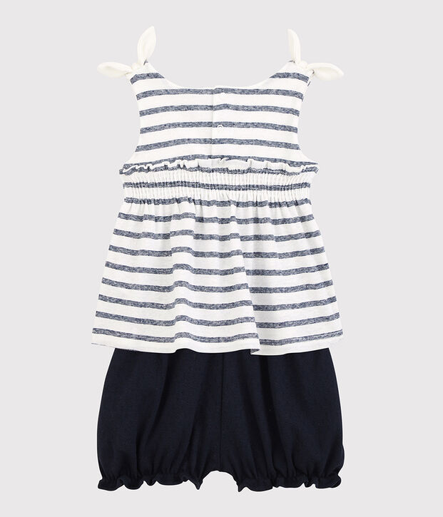 Conjunto de blusa + braguitas bloomer de algod&oacute;n/lino de beb&eacute; ni&ntilde;a blanco/azul
