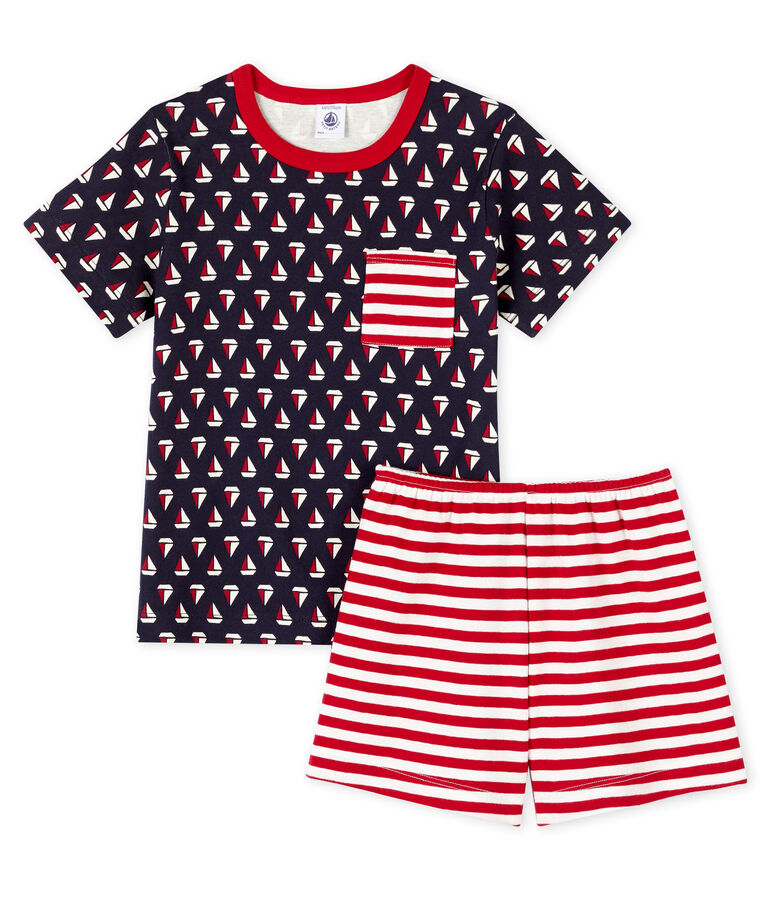 Pijama corto de punto de algod&oacute;n para ni&ntilde;o azul SMOKING/blanco MULTICO