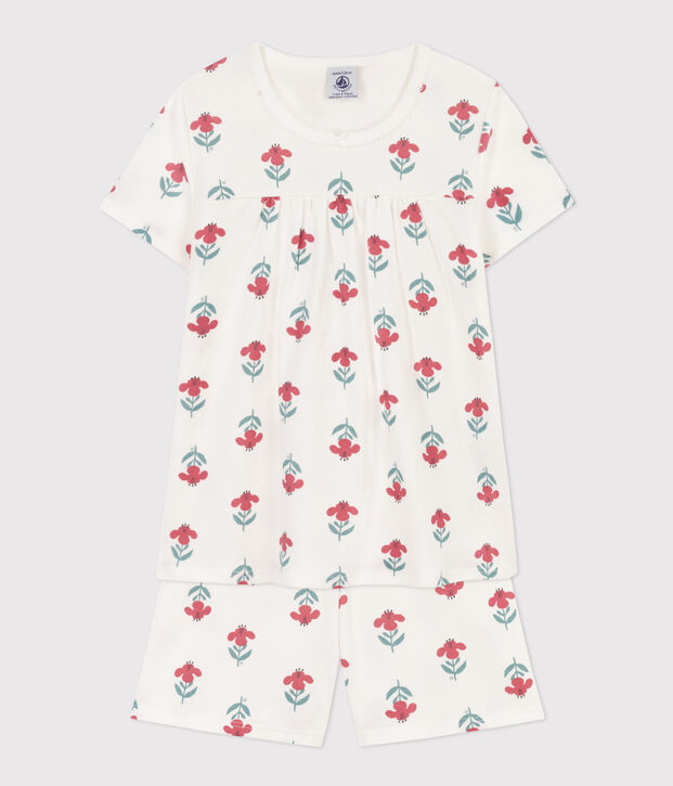 Pijama corto de algod&oacute;n con flores y corona para ni&ntilde;a blanco/multicolor
