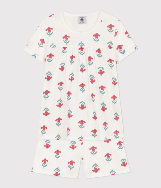 Pijama corto de algodón con flores y corona para niña blanco MARSHMALLOW/blanco MULTICO