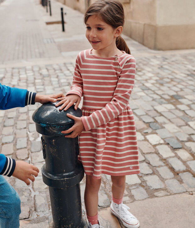 Vestido de manga larga de algod&oacute;n grueso para ni&ntilde;a rosa/crudo