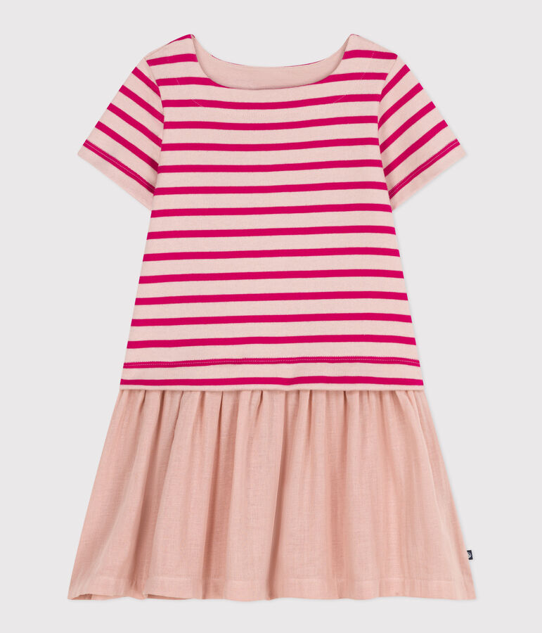 Vestido de manga corta de punto grueso y gasa de algod&oacute;n para ni&ntilde;a rosa/rosa