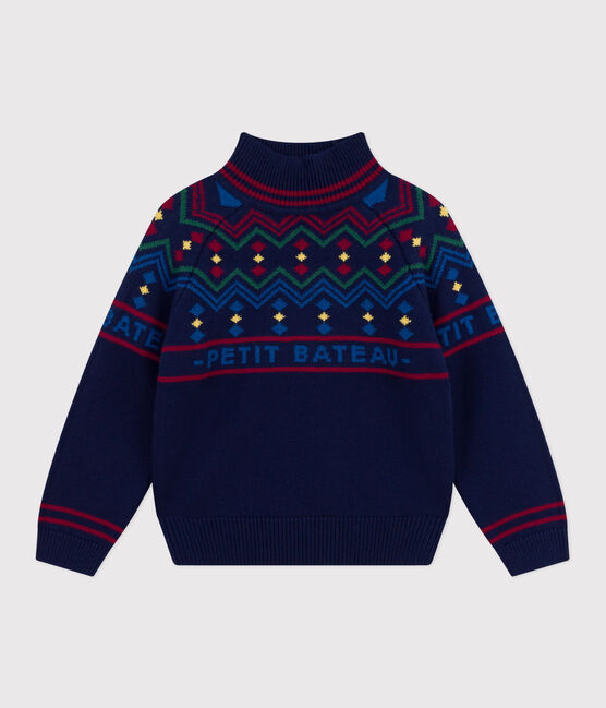 Jersey infantil de cuello alto de lana y algodón con estampados azul SOIR/ MULTICO