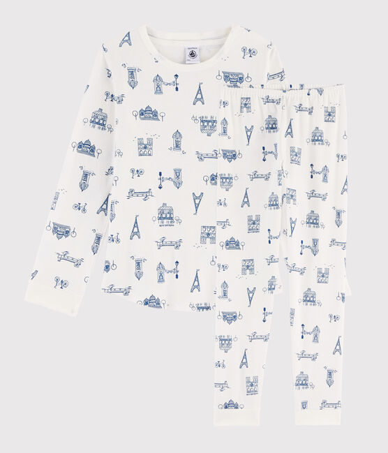 Pijama infantil de niño con estampado París de punto blanco MARSHMALLOW/azul MAJOR