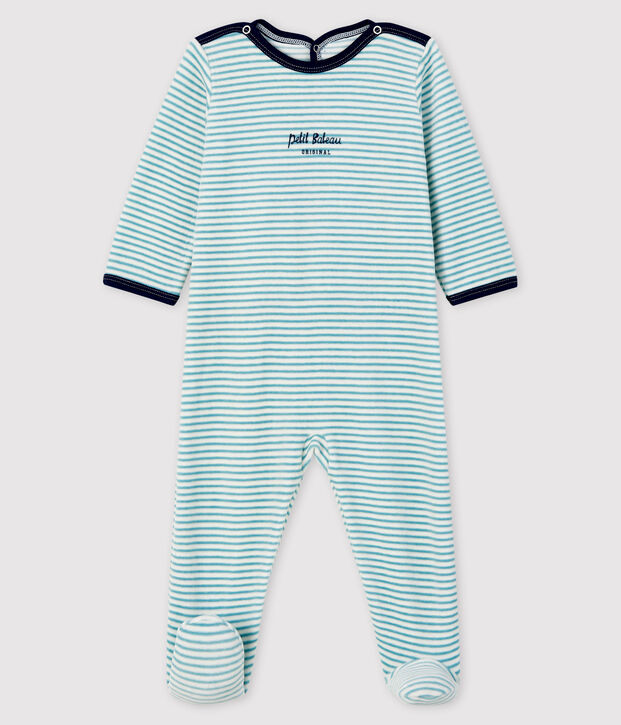 Pelele de terciopelo a rayas para beb&eacute; blanco/azul