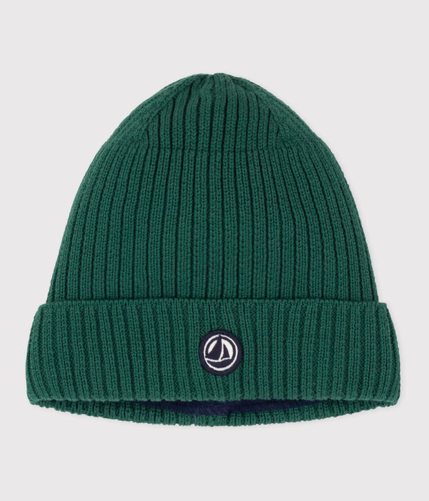 Gorro infantil de punto tricotado con forro polar verde