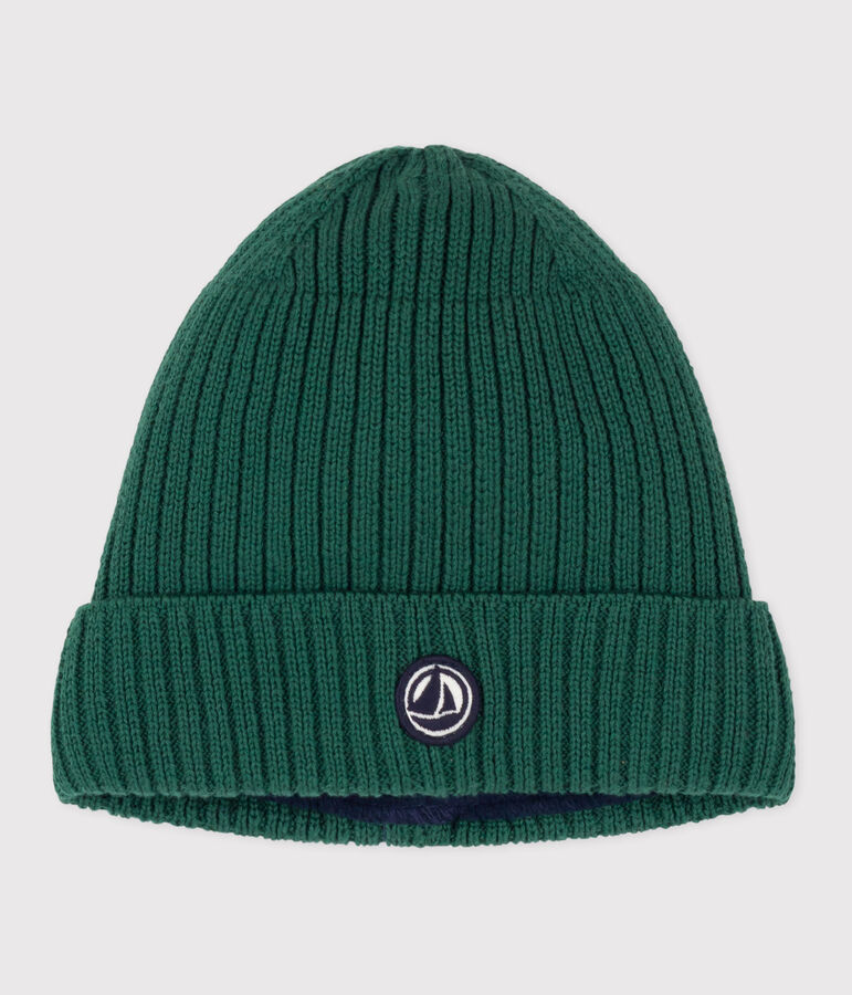 Gorro infantil de punto tricotado con forro polar verde