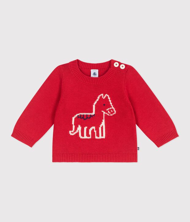 Jersey de punto tricotado de lana y algod&oacute;n con estampado de caballo para beb&eacute; rojo/crudo