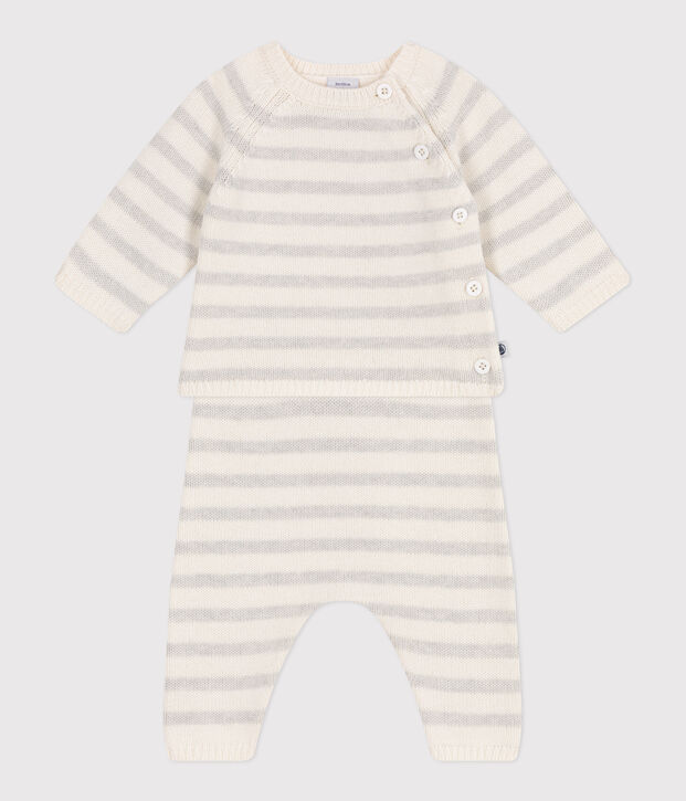Conjunto de dos piezas de punto tricotado de lana y algod&oacute;n para beb&eacute; blanco/beige