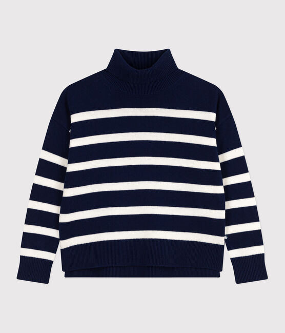 Jersey de cuello alto de lana y algodón a rayas para mujer azul SOIR/ MARSHMALLOW