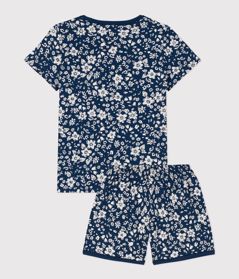 Pijama corto de algod&oacute;n con flor para ni&ntilde;a azul/blanco