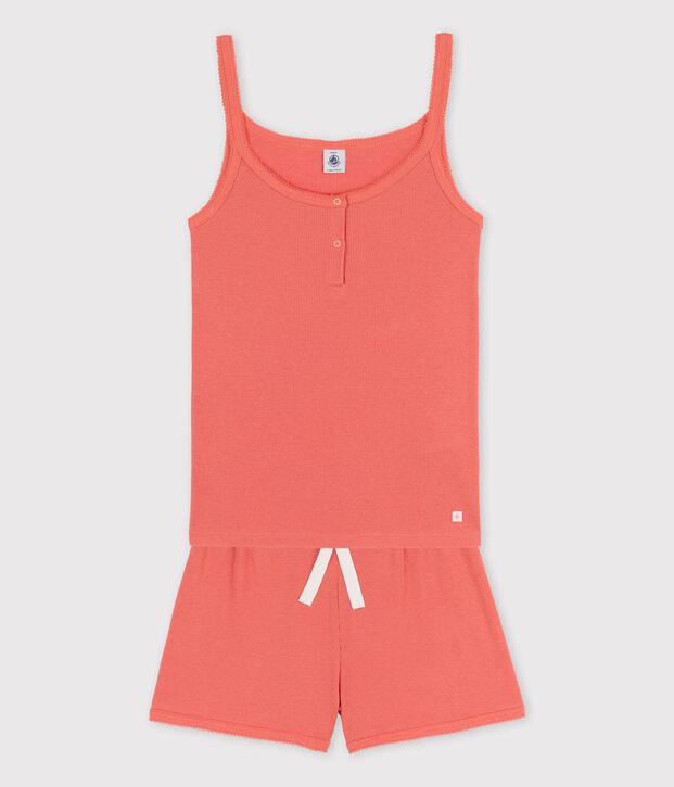 Pijama corto liso papaya de algod&oacute;n y lyocell de chica rosa