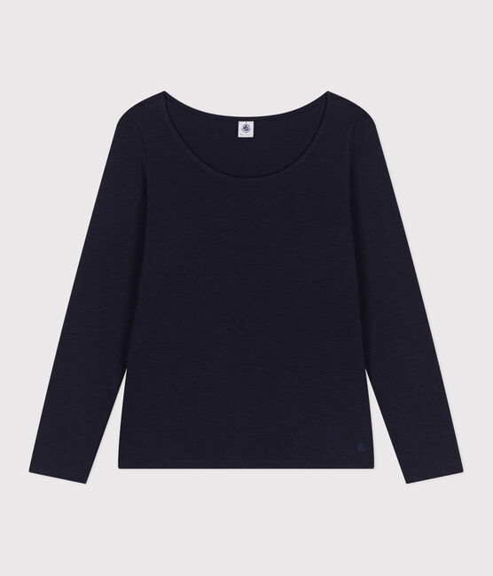 Camiseta Recta de manga larga de punto flameado con cuello de bailarina para mujer azul SMOKING