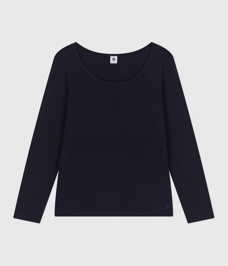 Camiseta Recta de manga larga de punto flameado con cuello de bailarina para mujer azul