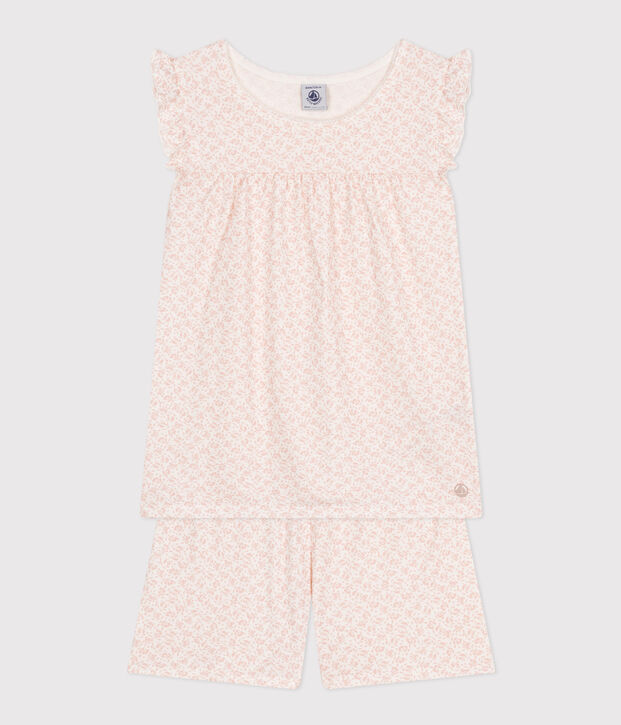 Pijama corto infantil de algod&oacute;n con estampado de flores blanco/rosa