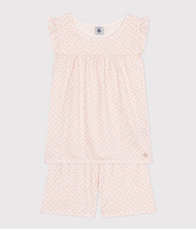 Pijama corto infantil de algod&oacute;n con estampado de flores blanco/rosa