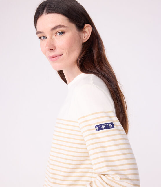 Camiseta marinera de algodón para mujer beige MILK/ CAJOU