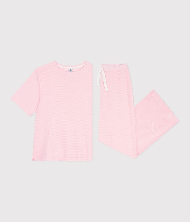 Pijama de algod&oacute;n a rayas de pernera ancha para mujer rosa/blanco