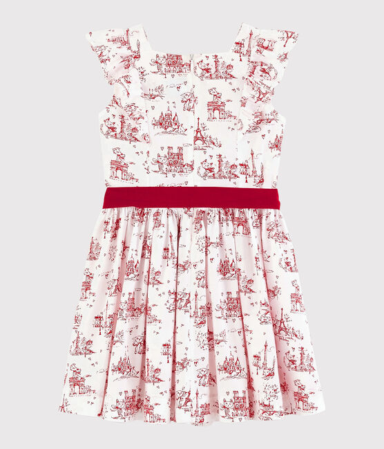 Vestido de manga corta de popelina de niña blanco MARSHMALLOW/rojo TERKUIT