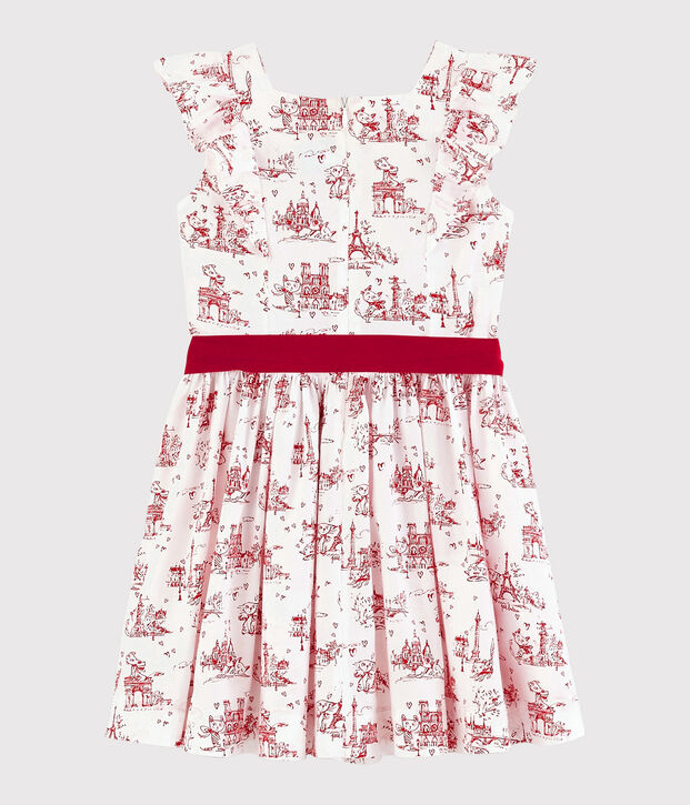 Vestido de manga corta de popelina de ni&ntilde;a blanco/rojo