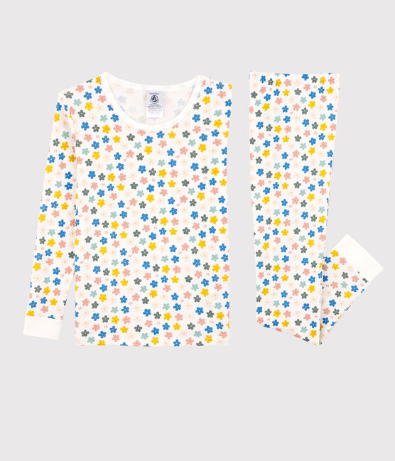 Pijama snugfit de algodón con flores retro fosforescentes para niña blanco MARSHMALLOW/blanco MULTICO