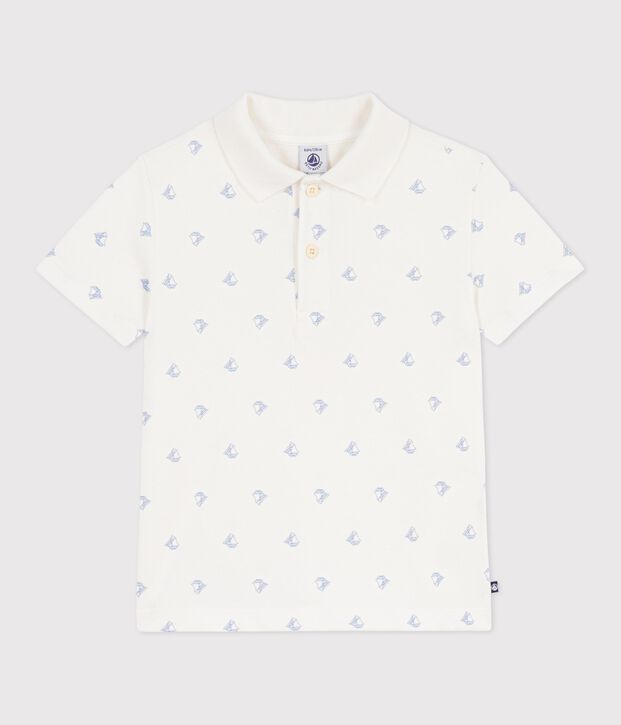 Polo infantil de algod&oacute;n de manga corta con estampado de anclas blanco/azul