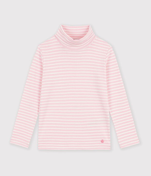 Camiseta infantil de cuello alto de algod&oacute;n a rayas rosa/rosa