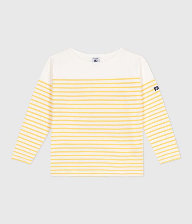 Camiseta marinera infantil de algod&oacute;n de manga larga blanco/amarillo