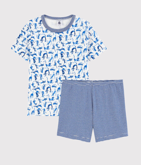 Pijama corto con estampado de gato de algodón de niño blanco MARSHMALLOW/blanco MULTICO