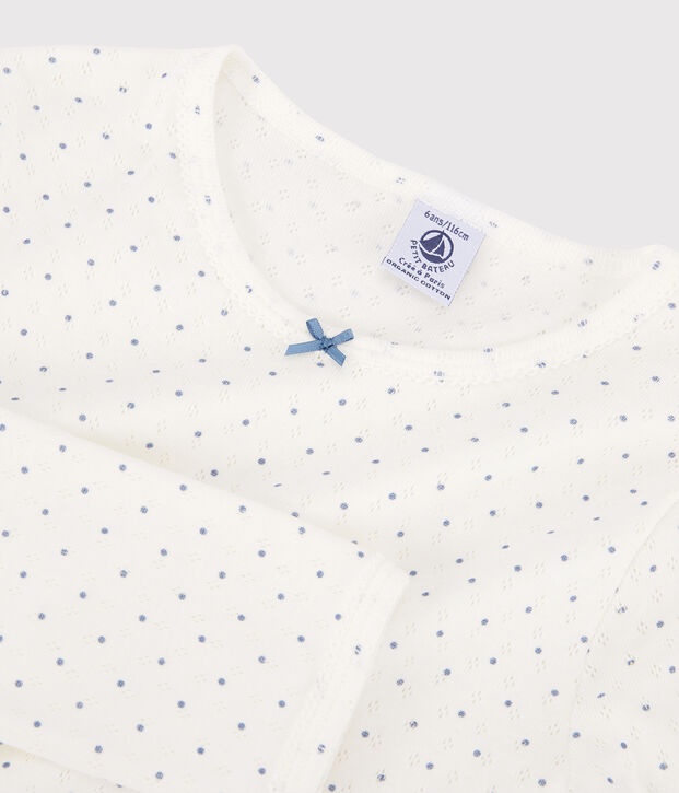 Pijama calado de lunares de ni&ntilde;a de algod&oacute;n org&aacute;nico blanco/azul