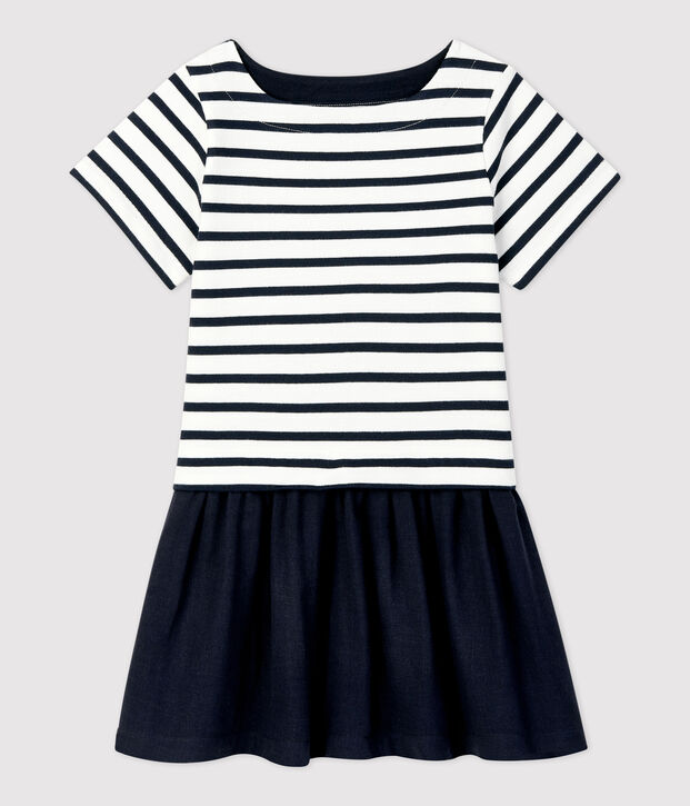 Vestido de jersey y gasa de algod&oacute;n org&aacute;nico de ni&ntilde;a blanco/azul