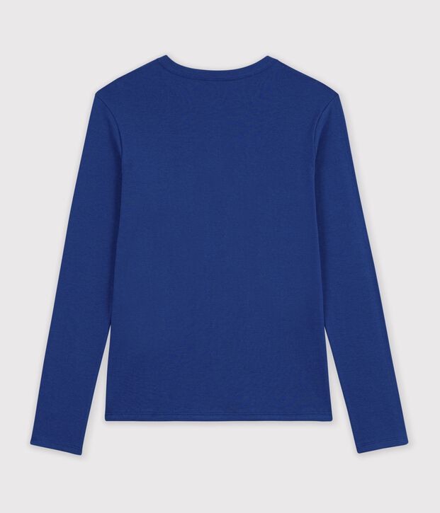 Camiseta lisa de algod&oacute;n de manga larga para mujer azul