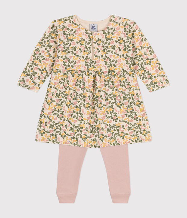 Vestido de manga larga de t&uacute;bico y leggings de algod&oacute;n para beb&eacute; crudo/multicolor