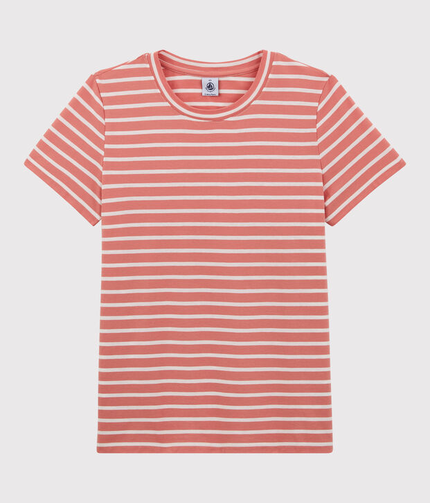 Camiseta RECTA con cuello redondo de algod&oacute;n org&aacute;nico de mujer rosa/blanco
