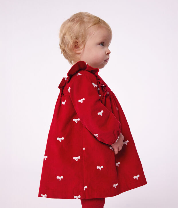 Vestido de terciopelo de manga larga con bordados de lazos para beb&eacute; rojo/crudo