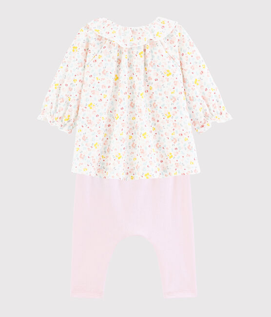 Vestido y leggings de flores en algodón biológico para bebé blanco MARSHMALLOW/blanco MULTICO