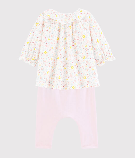 Vestido y leggings de flores en algodón biológico para bebé blanco MARSHMALLOW/blanco MULTICO