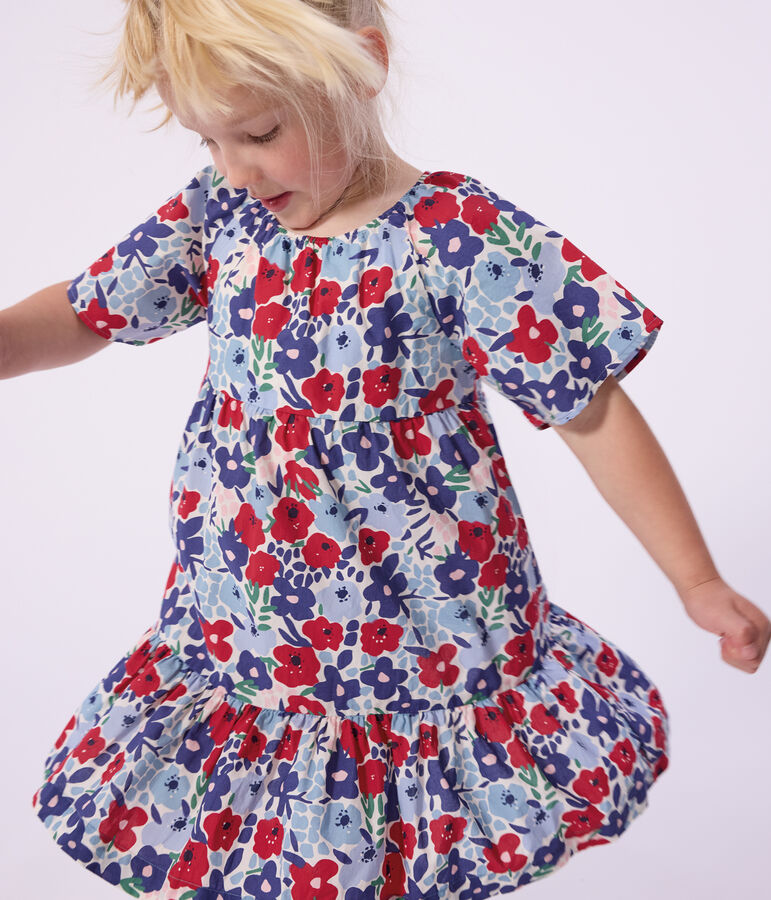 Vestido infantil de algod&oacute;n de manga corta con estampado de flores blanco/multicolor