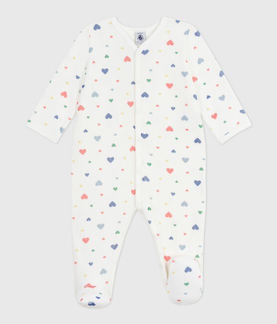 Pijama de terciopelo con estampado de corazones para bebé blanco MARSHMALLOW/blanco MULTICO