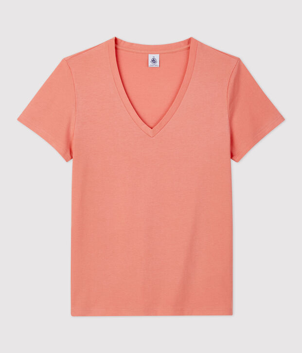 Camiseta RECTA con cuello de pico de algod&oacute;n org&aacute;nico de mujer rosa