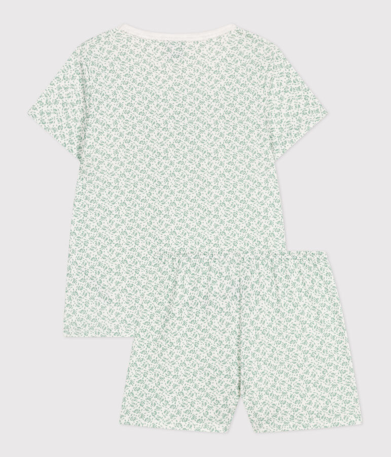 Pijama infantil corto de algod&oacute;n con estampado de flores blanco/verde
