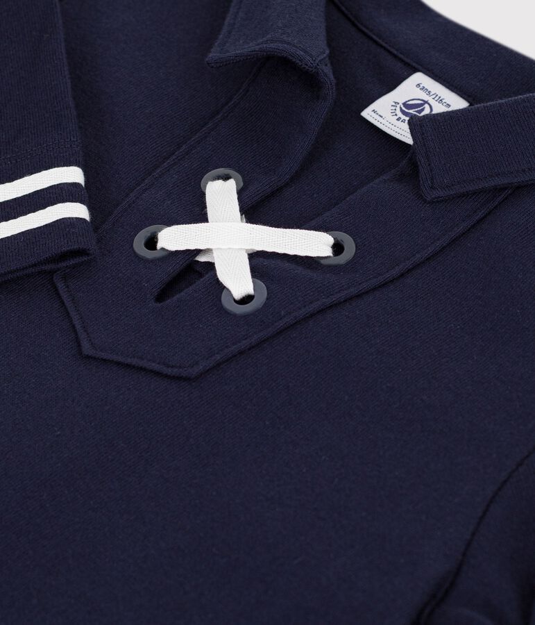 Vestido infantil liso de manga larga de algod&oacute;n azul